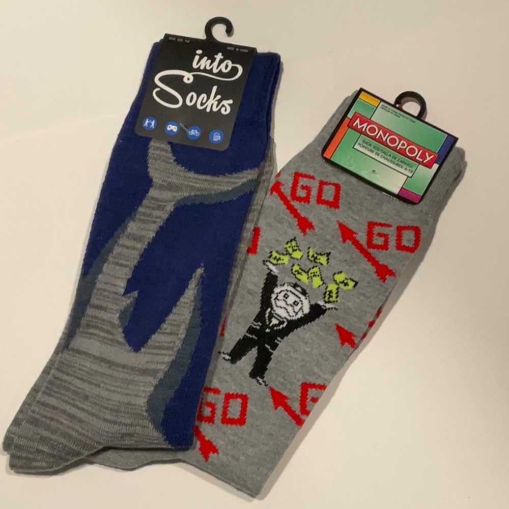 (B46) Into Socks Shark and Hasbro Monopoly Socks Bundle of 2 Pairs Size 10-13